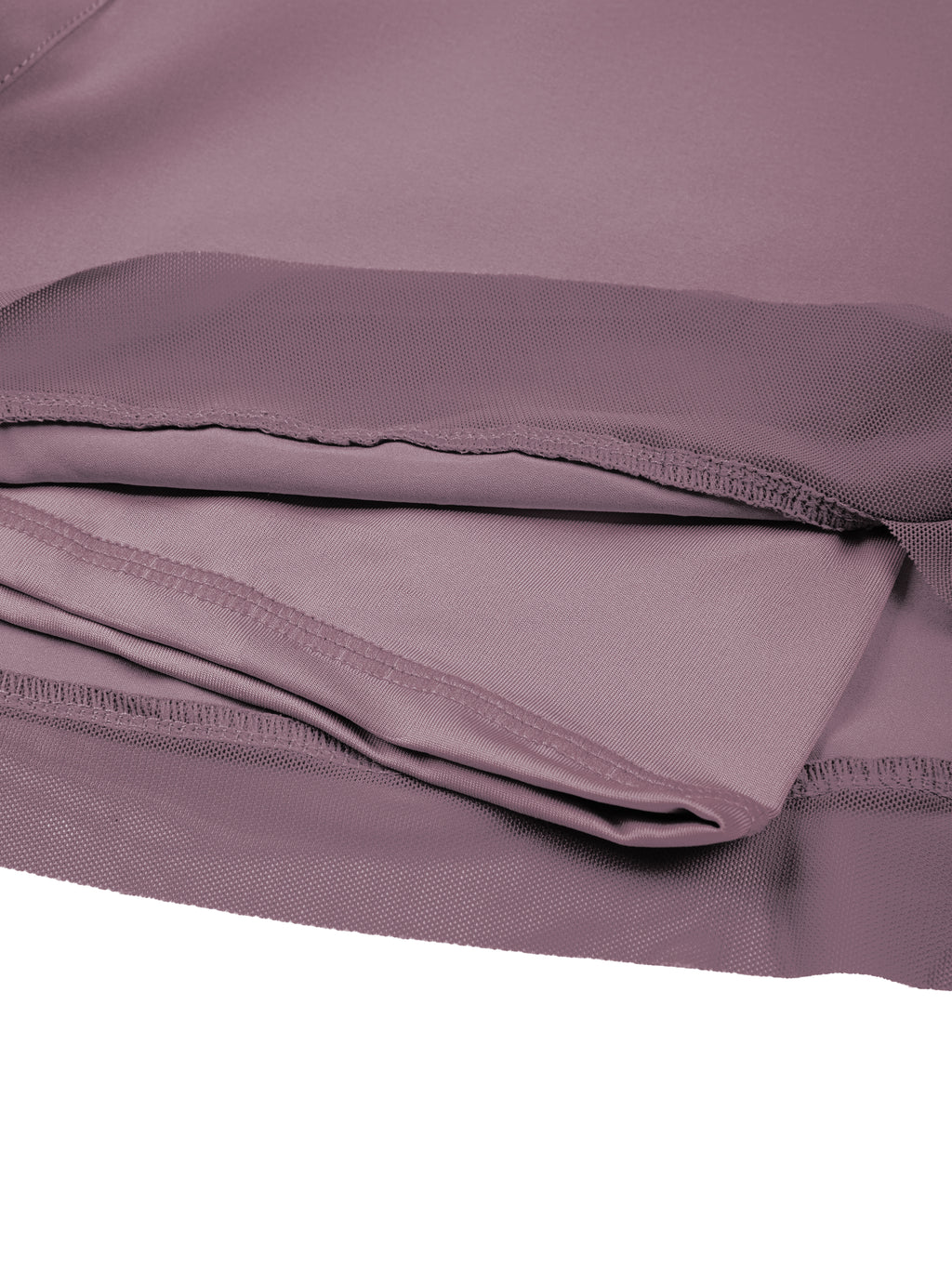 Women’s purple yoga shorts close-up of inner lining layers and stitching