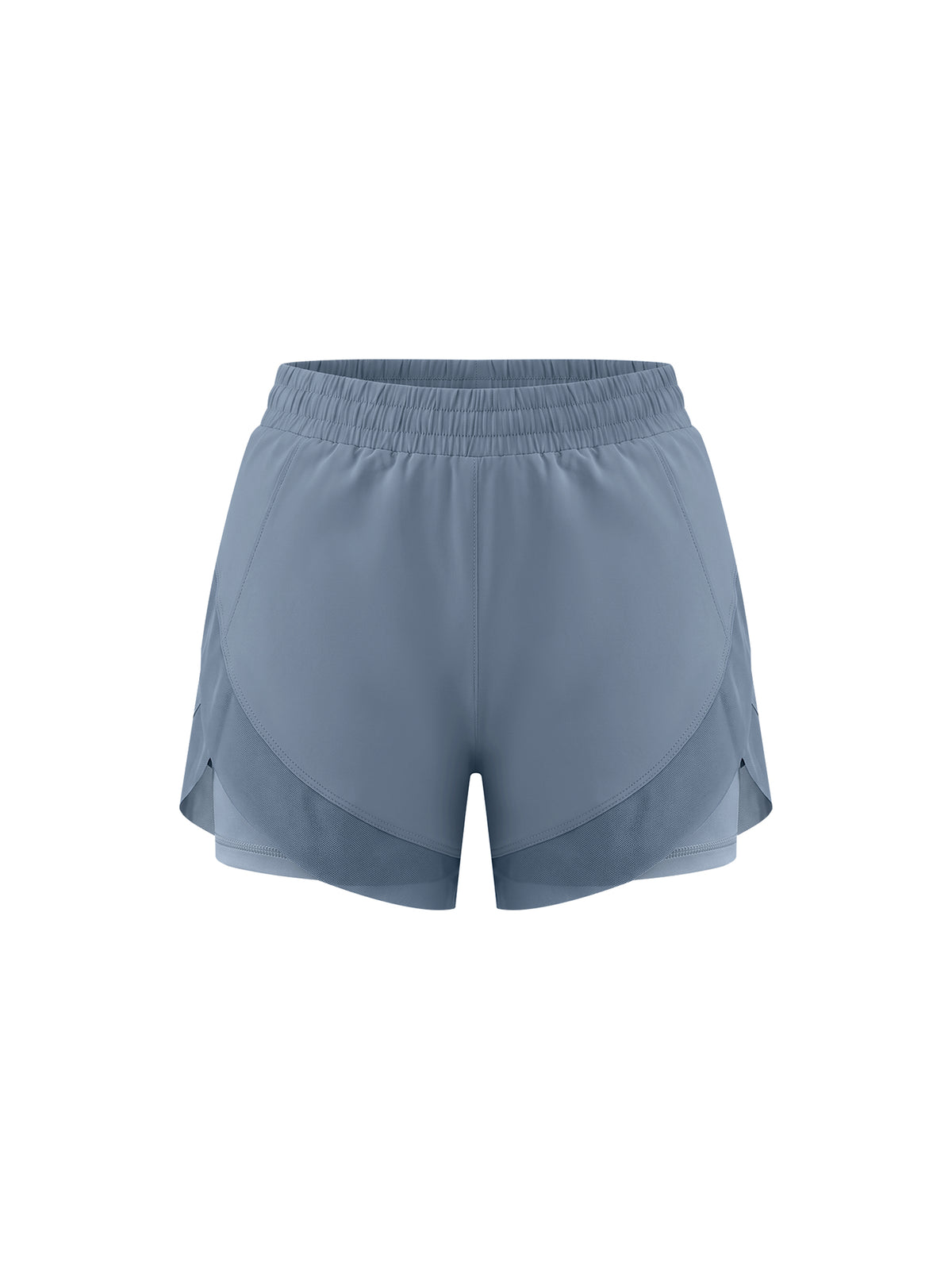 Light blue paneled yoga shorts with wide elastic waistband and relaxed fit.