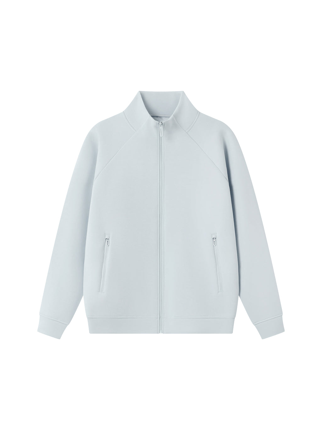 Light stand collar zip jacket in pale blue with side zippers and long sleeves.