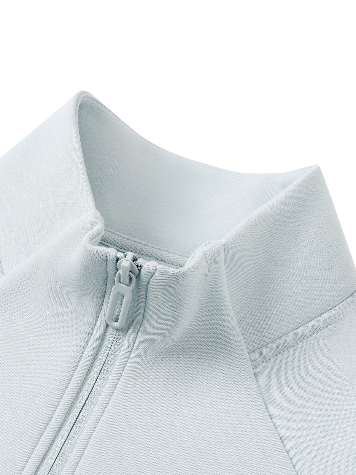 Light blue stand-collar jacket neckline with zip placket and zipper pull
