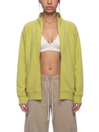 Lime yellow stand collar zip jacket with two side pockets and long sleeves.
