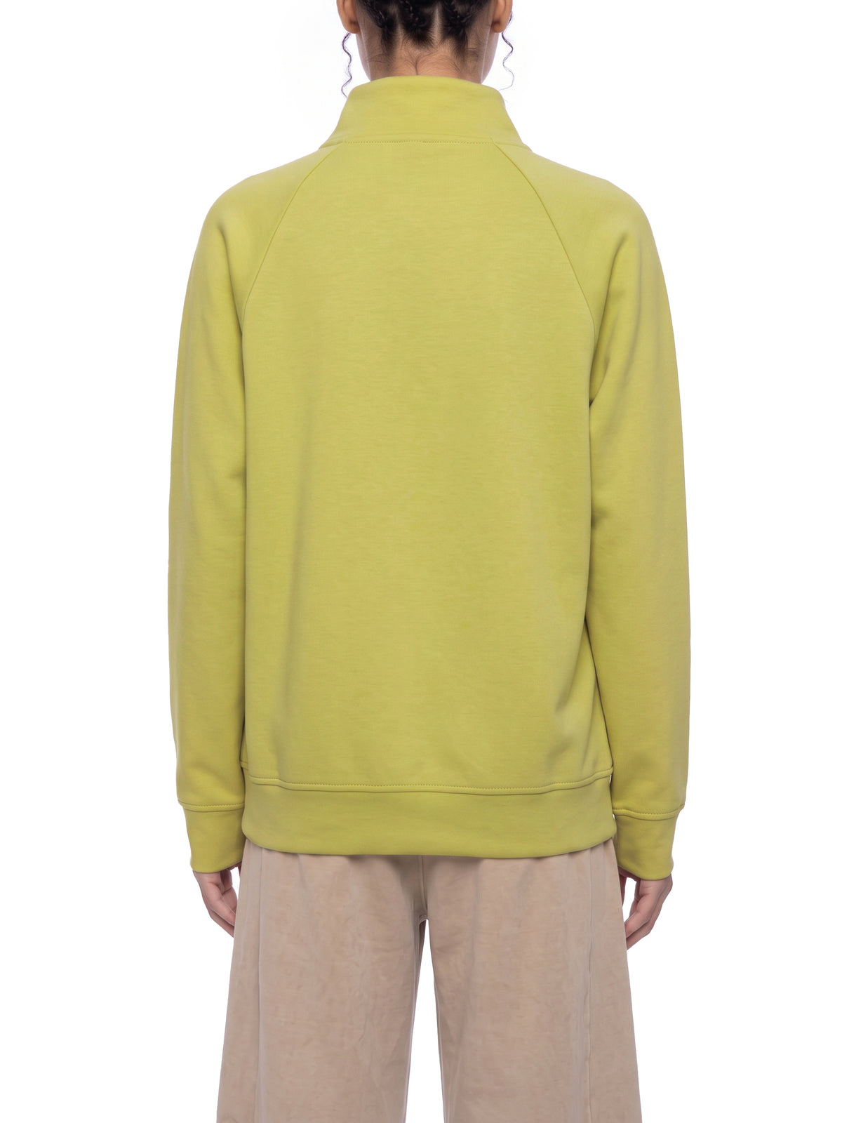 Lime yellow stand-collar jacket, rear view with zip-up front and long sleeves