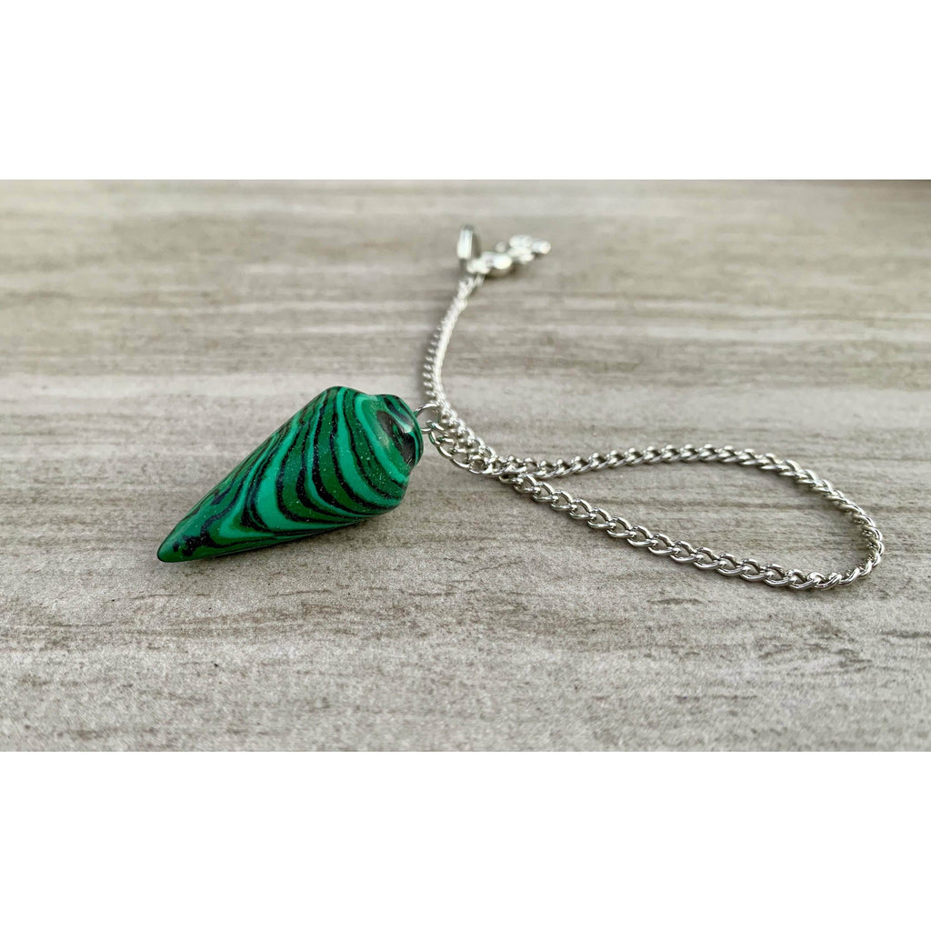Malachite pendulum with green striped stone and silver chain, loop bail visible