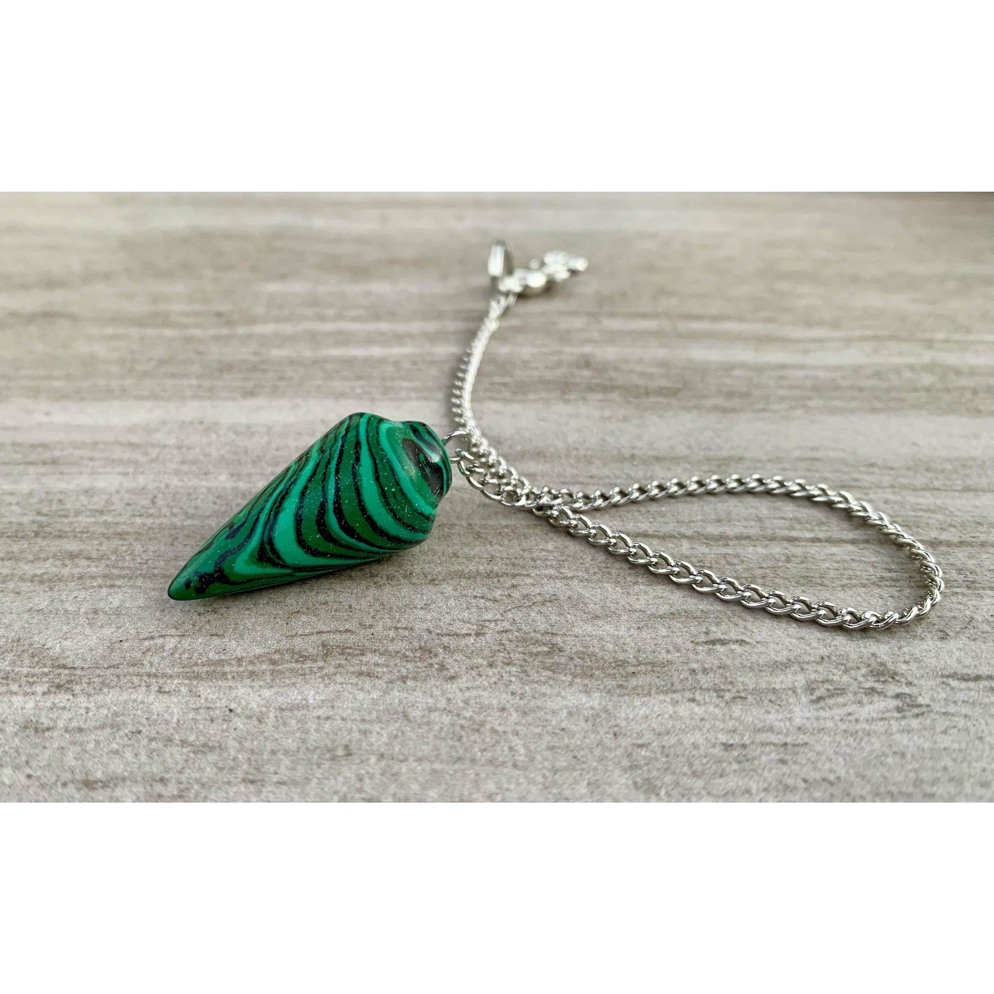 Malachite pendulum with green striped stone and silver chain, loop bail visible