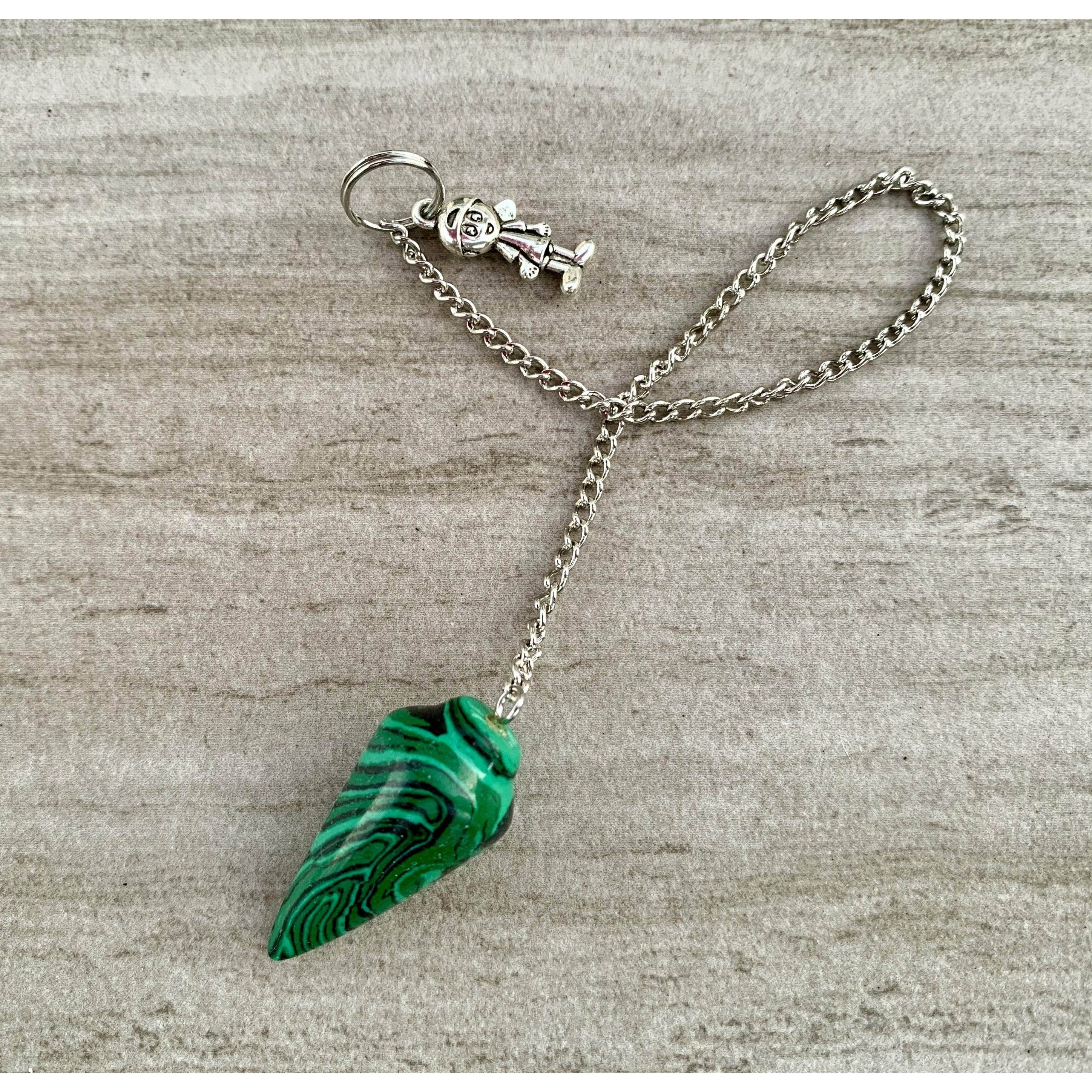 Malachite pendulum necklace with green striped stone and silver chain, metal clasp