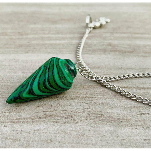 Malachite pendulum with green striped stone and silver chain, loop bail visible