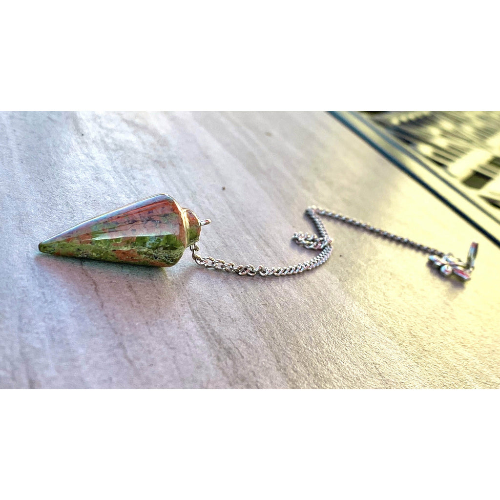 Unakite gemstone pendulum with short silver chain and hanging clasp