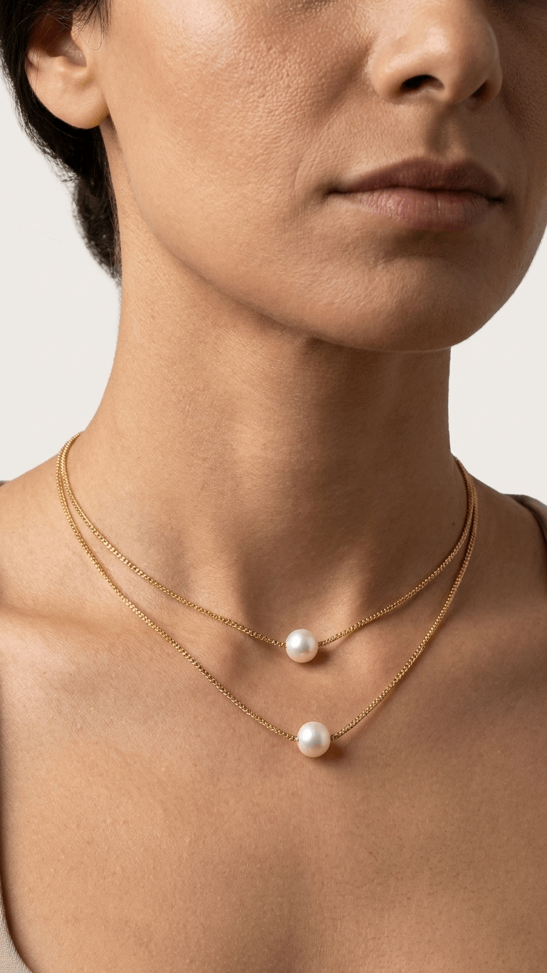 18K gold layered freshwater pearl necklace set of 2, close-up of two white pearls