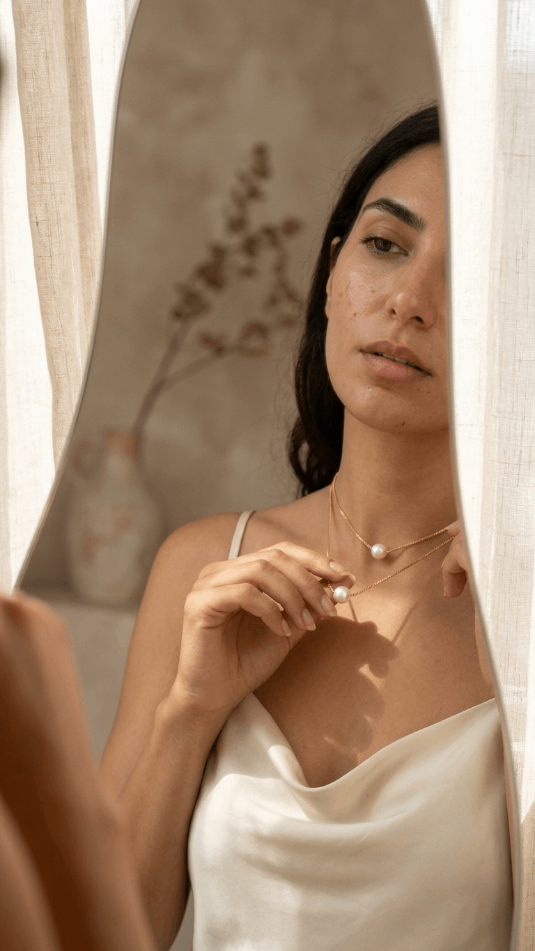 Freshwater pearl necklace set of 2 in 18K gold with white pearl pendants