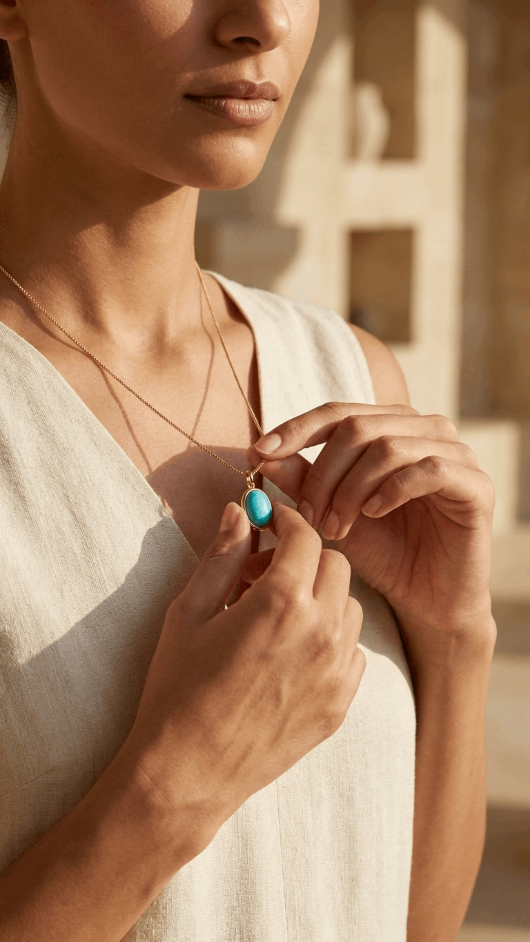 Oval larimar pendant necklace with turquoise oval stone on a fine gold chain