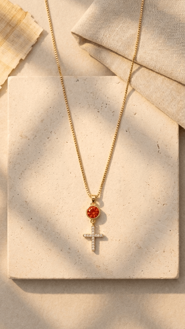 Gold-tone cross necklace with orange round gemstone and white stone details