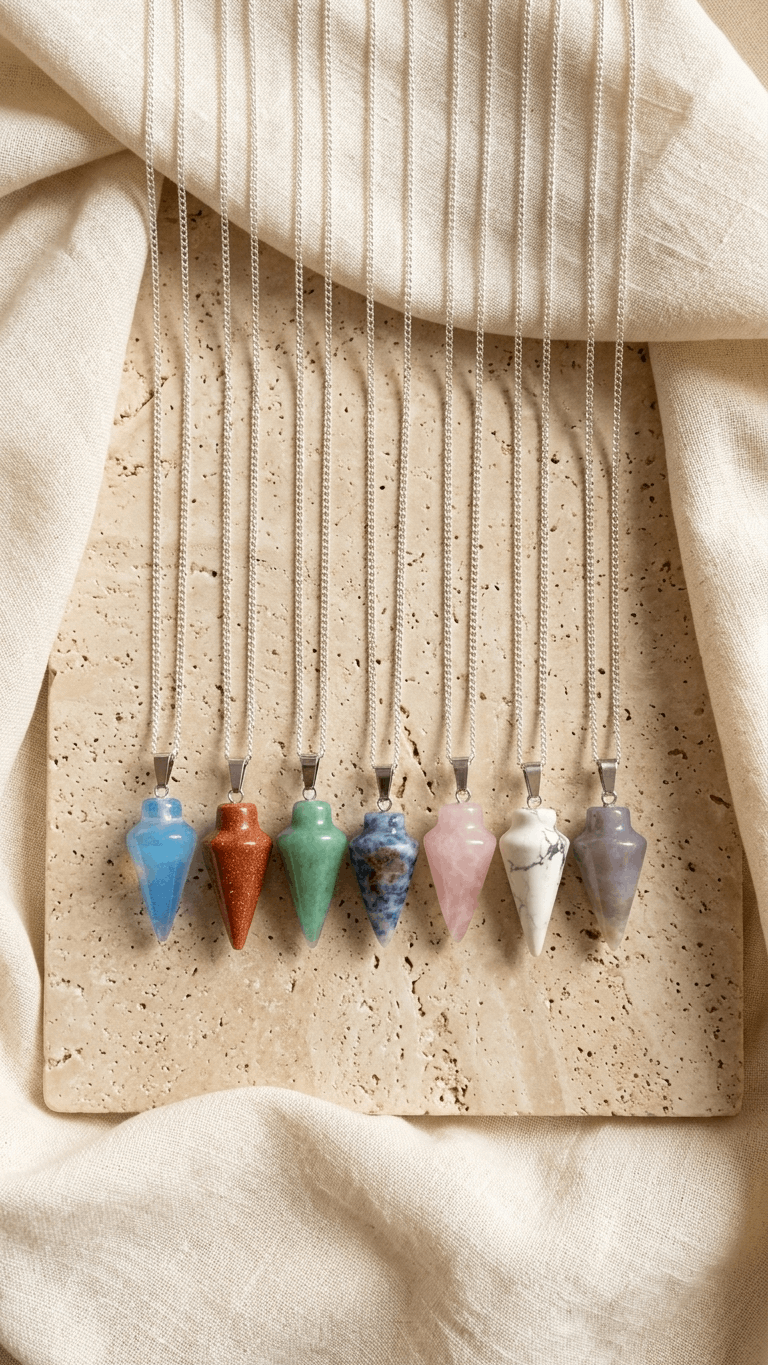 Pendulum gemstone necklace set with multiple colored teardrop pendants on silver chains