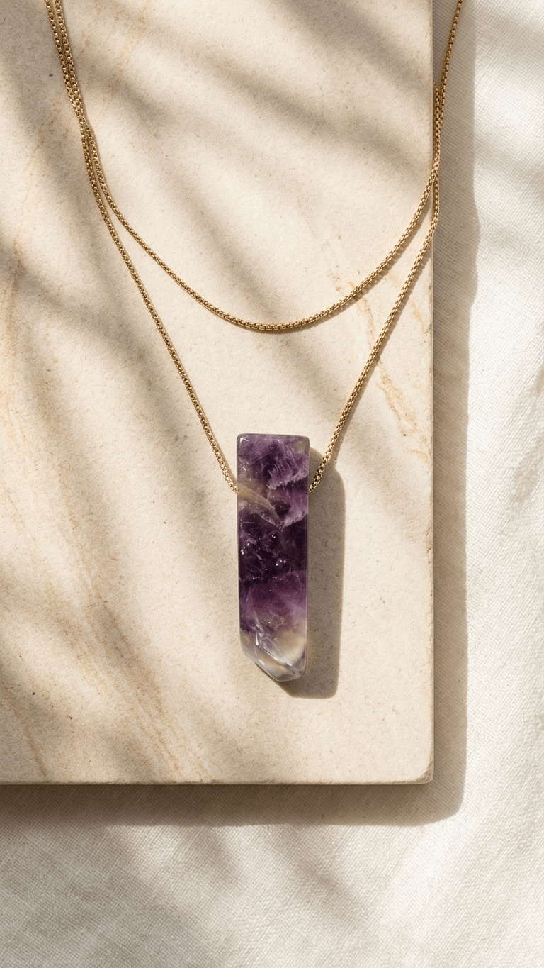 Gold necklace with tall purple amethyst bar pendant and faceted crystal texture