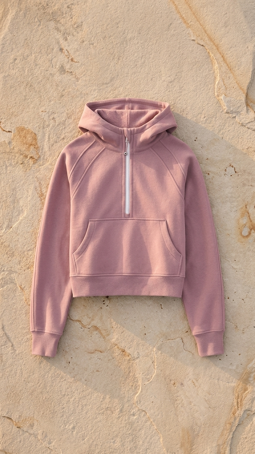 Pink cropped half-zip hoodie with drawstring hood and front pouch pocket