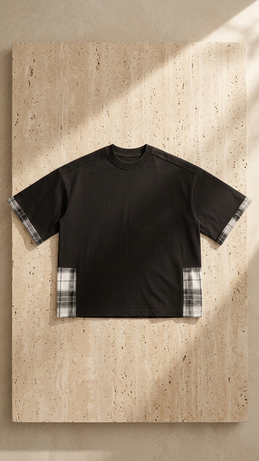 Unisex black plaid-paneled T-shirt laid flat, showing plaid cuff trim on sleeves