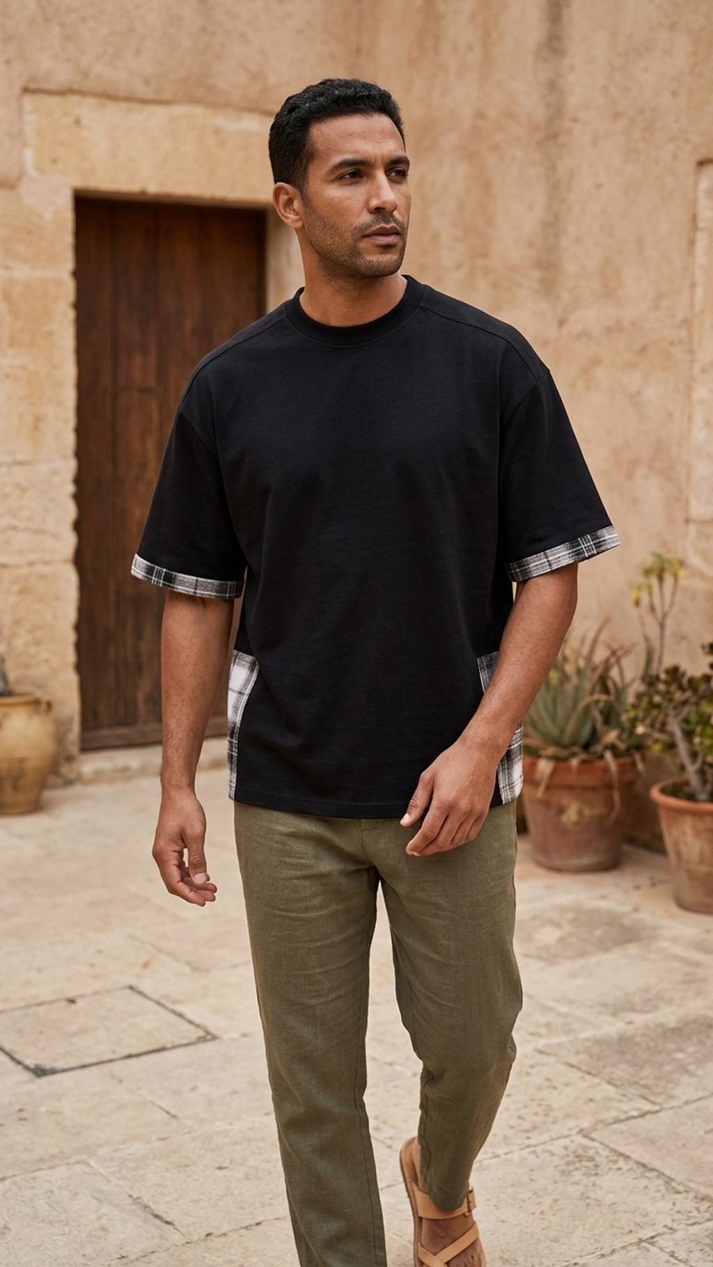 Unisex black T-shirt with plaid-trim short sleeves and side panel detail