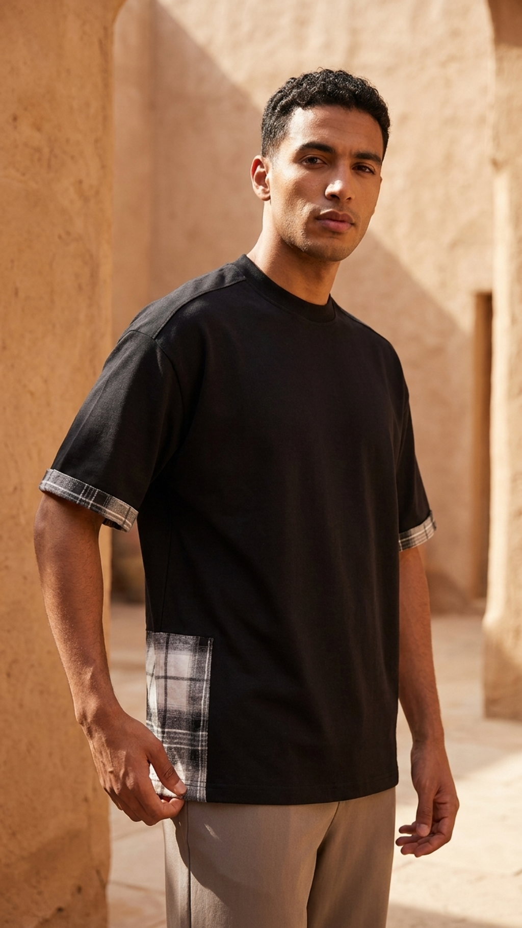 Unisex black T-shirt with plaid sleeve panels and contrast plaid side hem detail