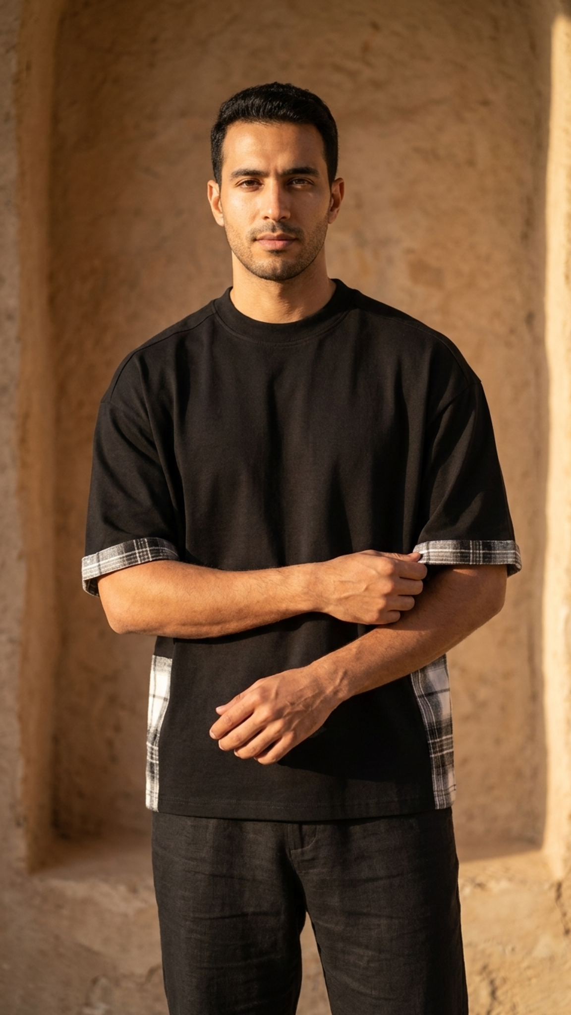 Unisex black plaid-paneled T-shirt with plaid cuffs and side panel accents