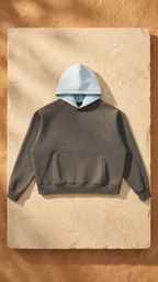Unisex fleece raglan color-block hoodie, dark gray with light blue hood and front pocket