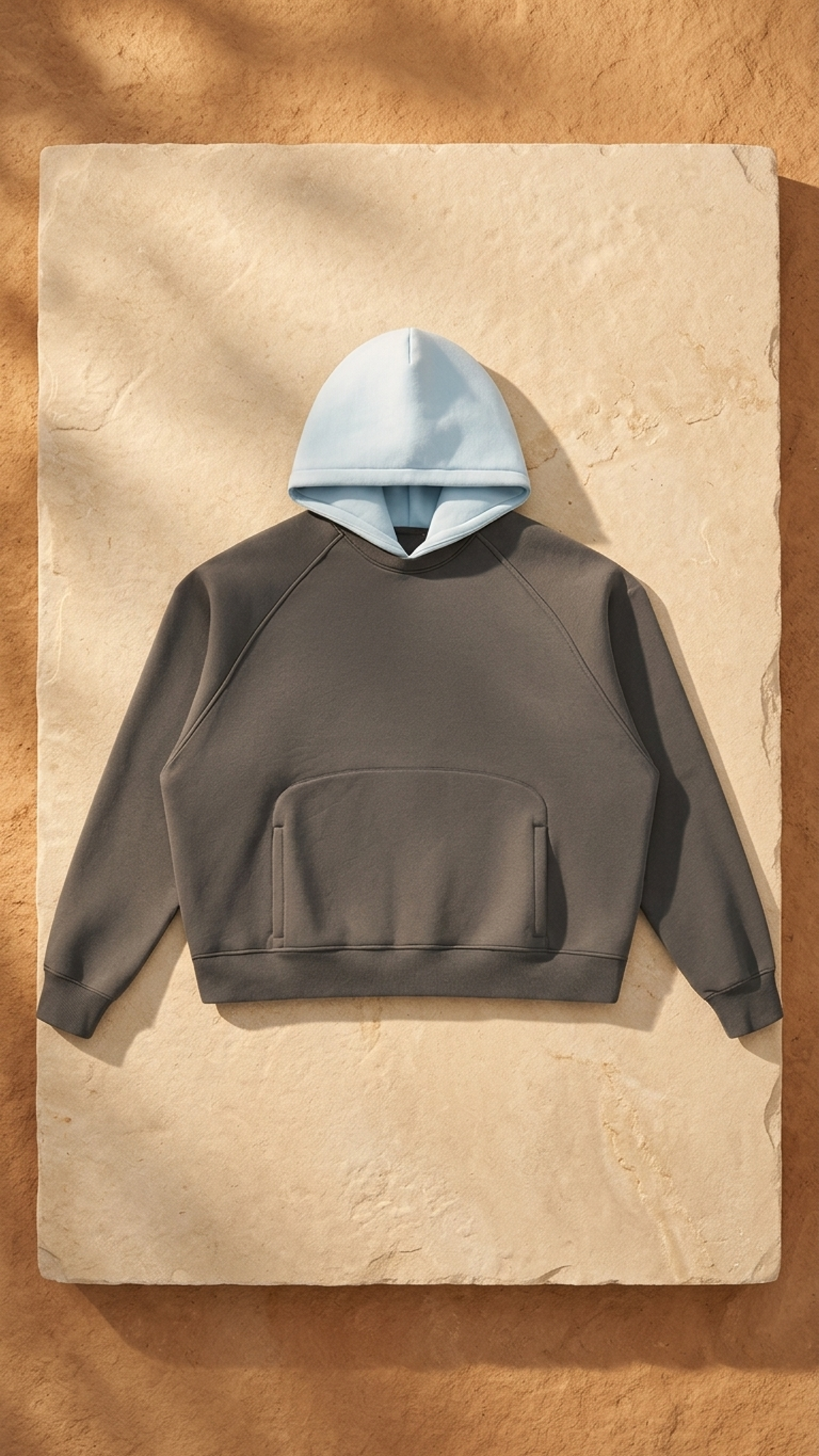 Unisex fleece raglan color-block hoodie, dark gray with light blue hood and front pocket