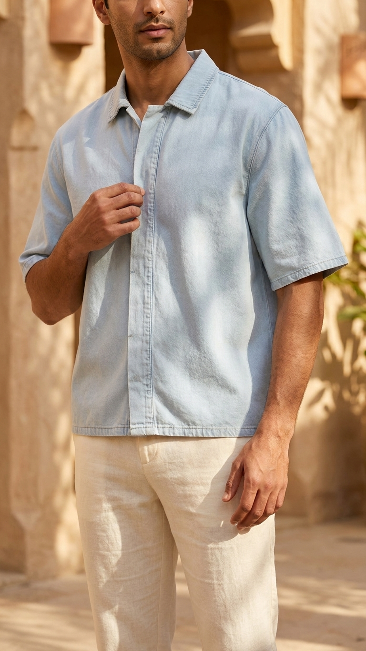 Light blue vintage-wash lyocell short-sleeve button-front shirt, model close-up