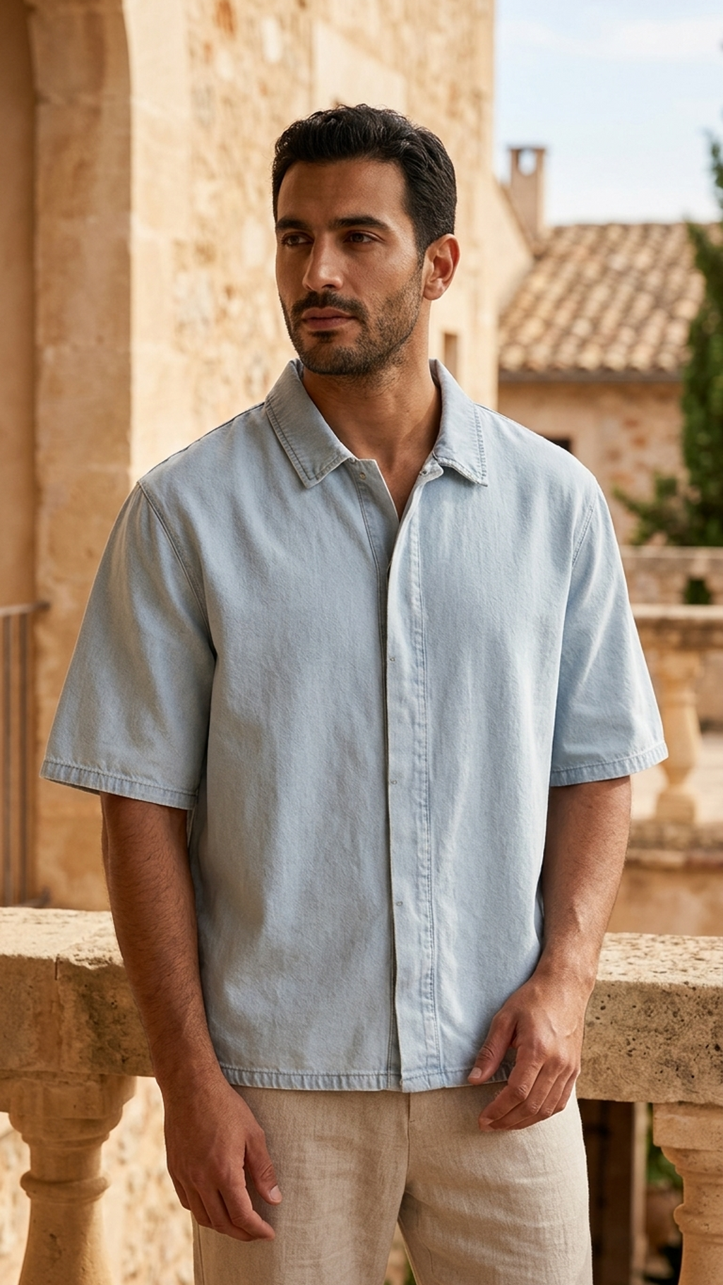 Light blue lyocell short-sleeve button-up with drop shoulders, worn by model