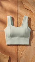 Mint green ribbed yoga crop tank top with wide straps and straight hem