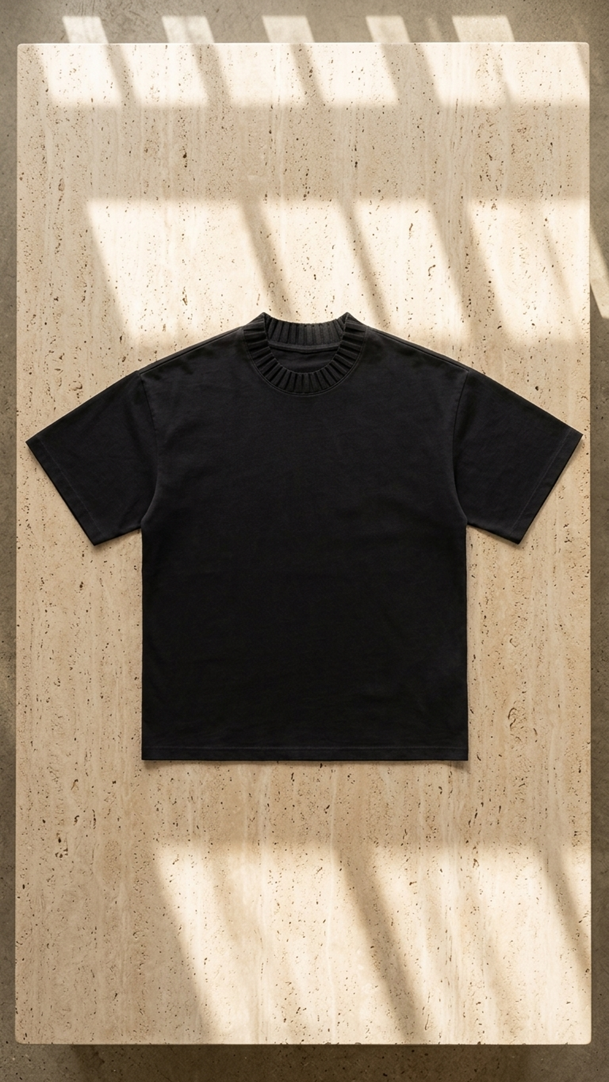 Black heavyweight knitted crew-neck t-shirt with ribbed neckline