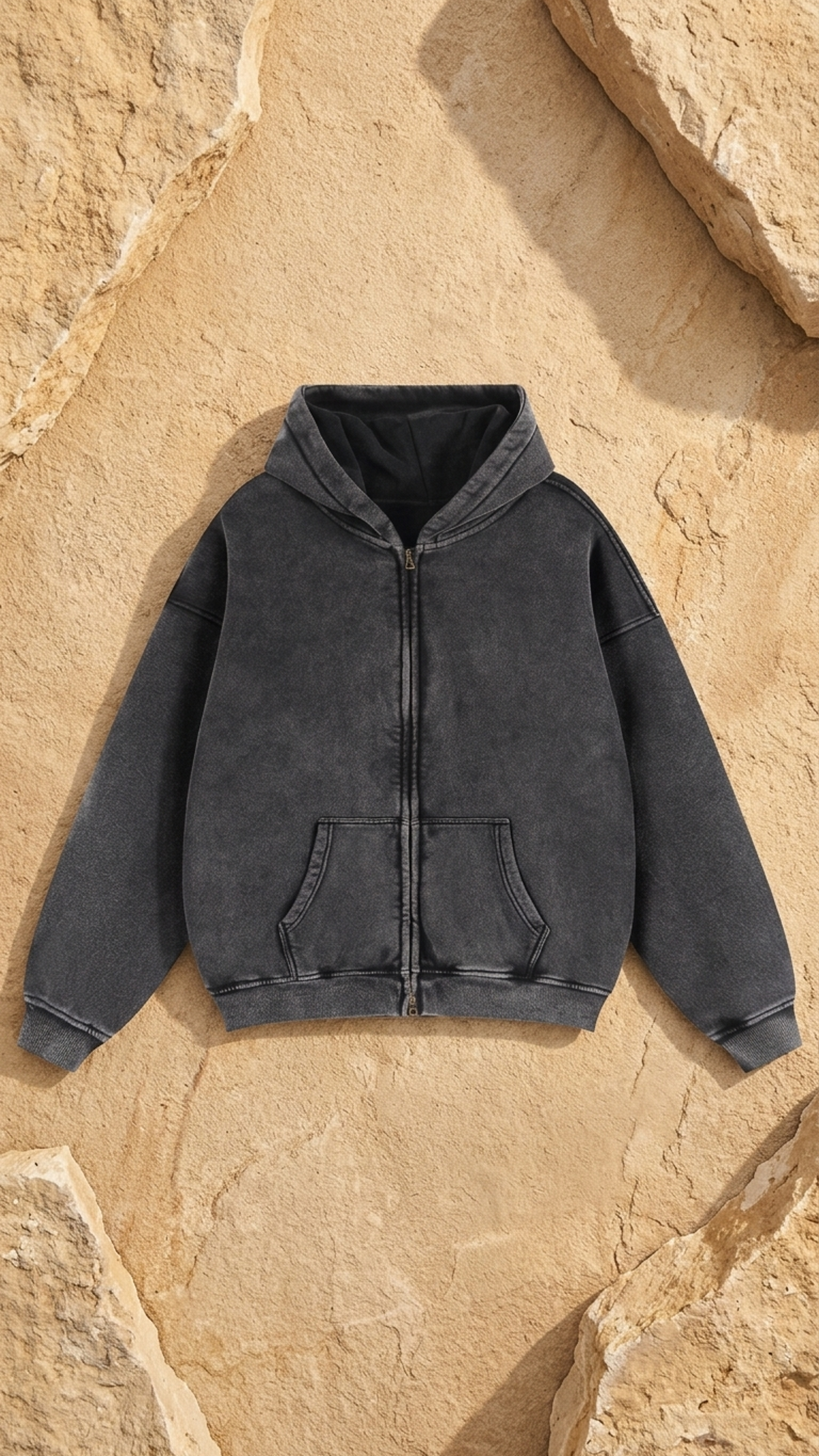 Black zip-through boxy fleece hoodie, hooded with front zipper and kangaroo pockets