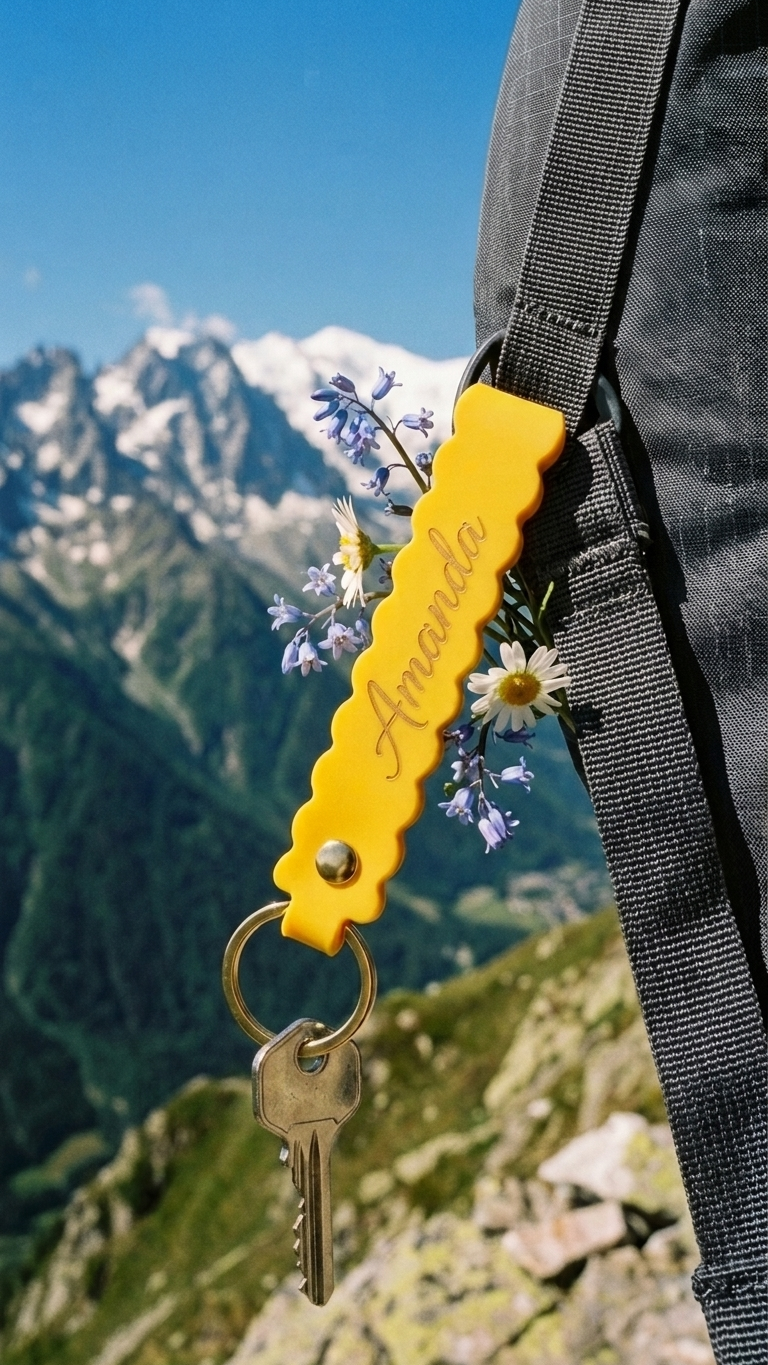 Yellow scallop-edge leatherette keychain charm hanging from strap