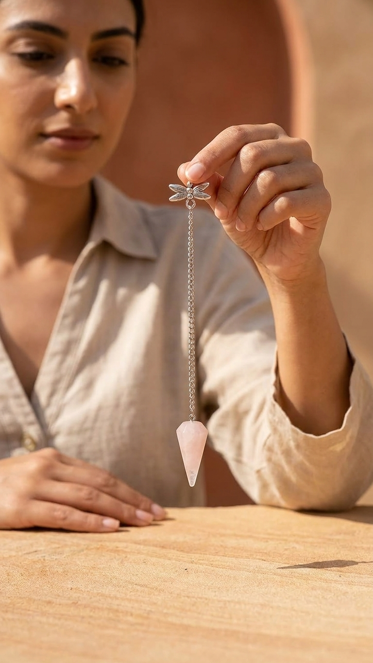 Rose quartz pendulum bag charm dangling from chain, pink teardrop stone and silver top