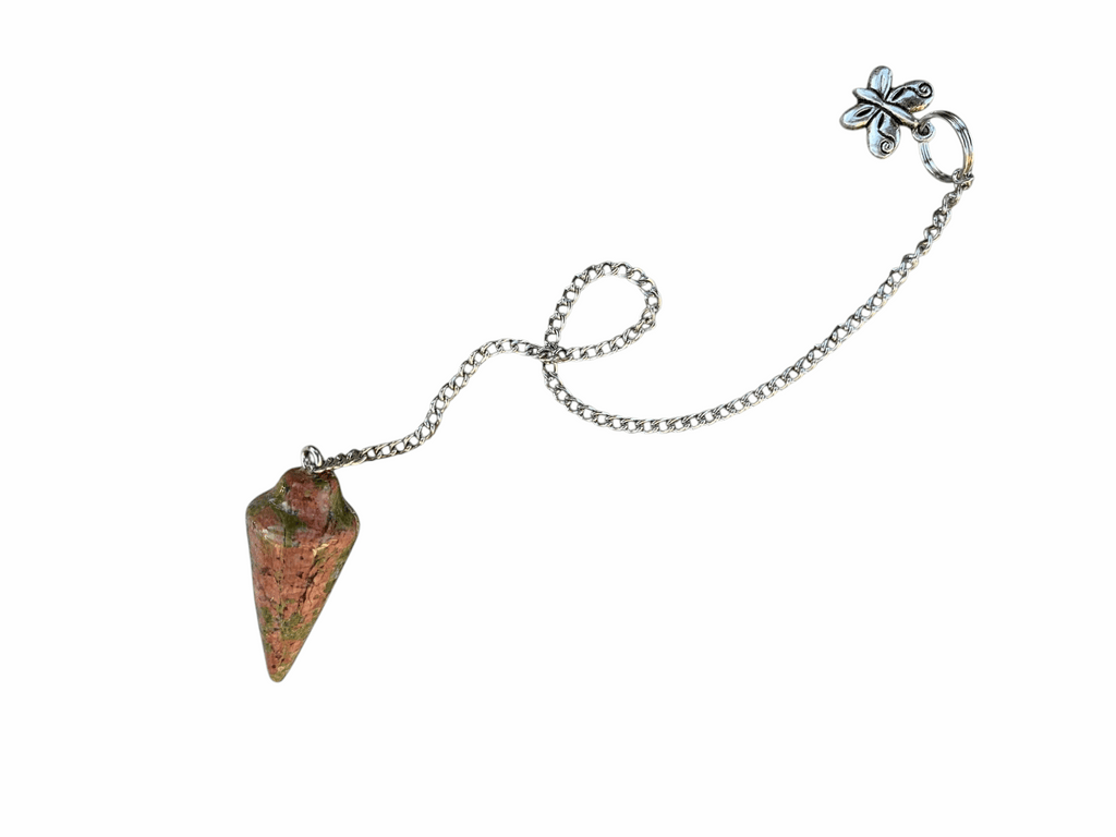 Unakite gemstone pendulum with silver chain and small butterfly charm