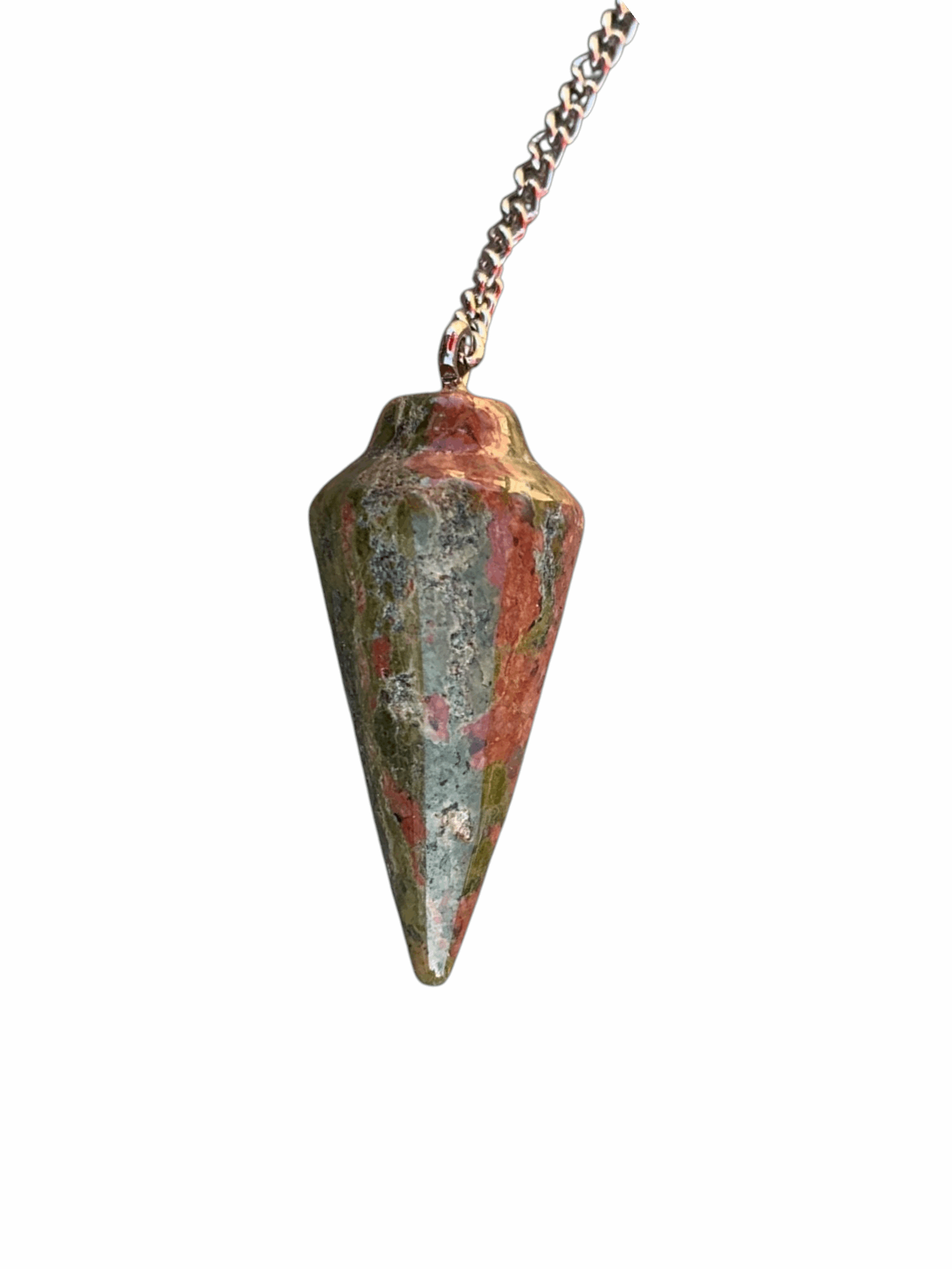 Unakite faceted pendulum with silver chain and pointed teardrop stone