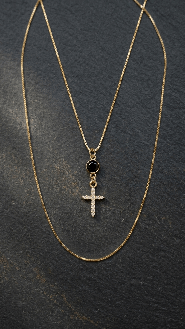 Gold-tone double-layer necklace with black round zircon pendant and crystal cross