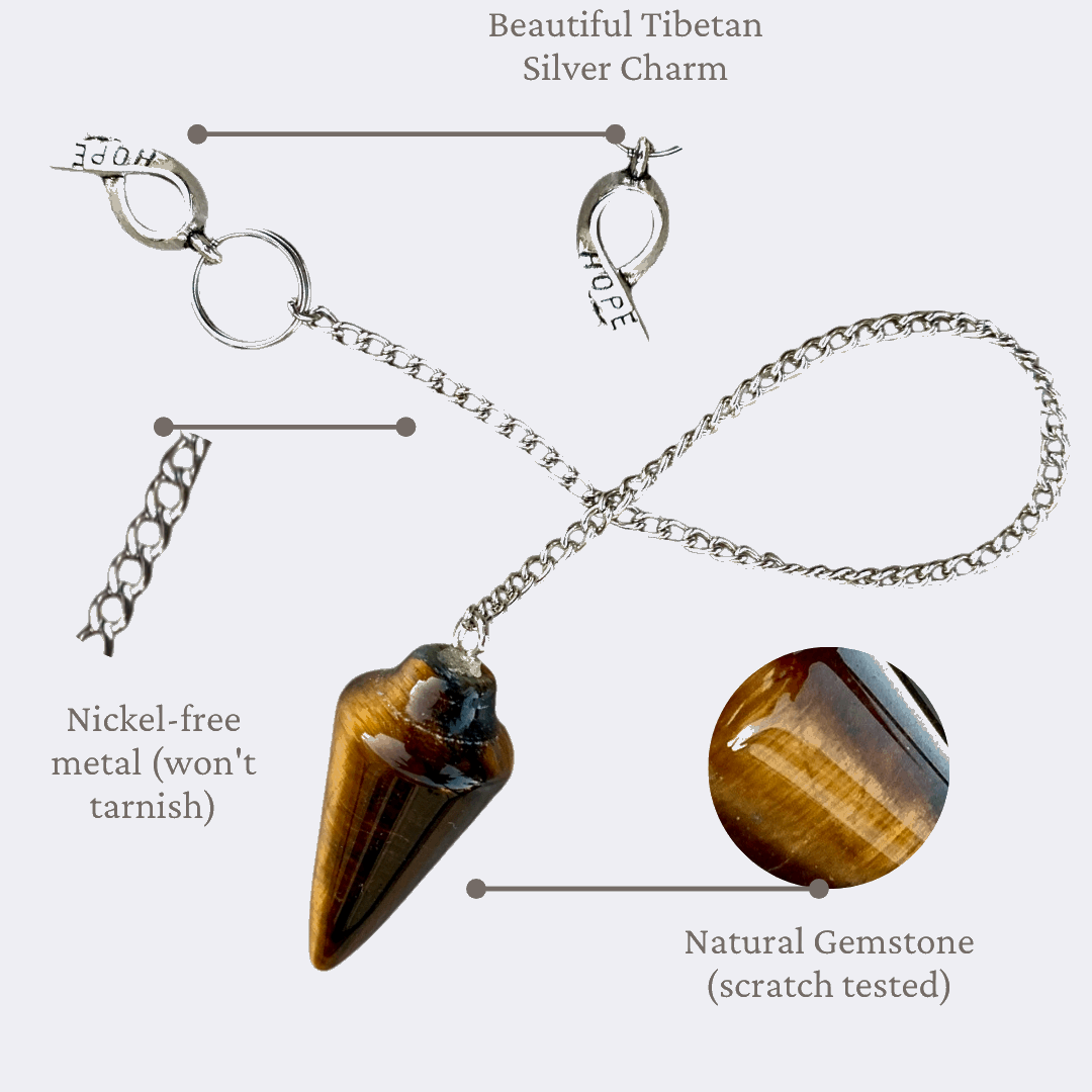 Silver-tone chain bag charm with tiger-eye gemstone pendulum and small mystery charm