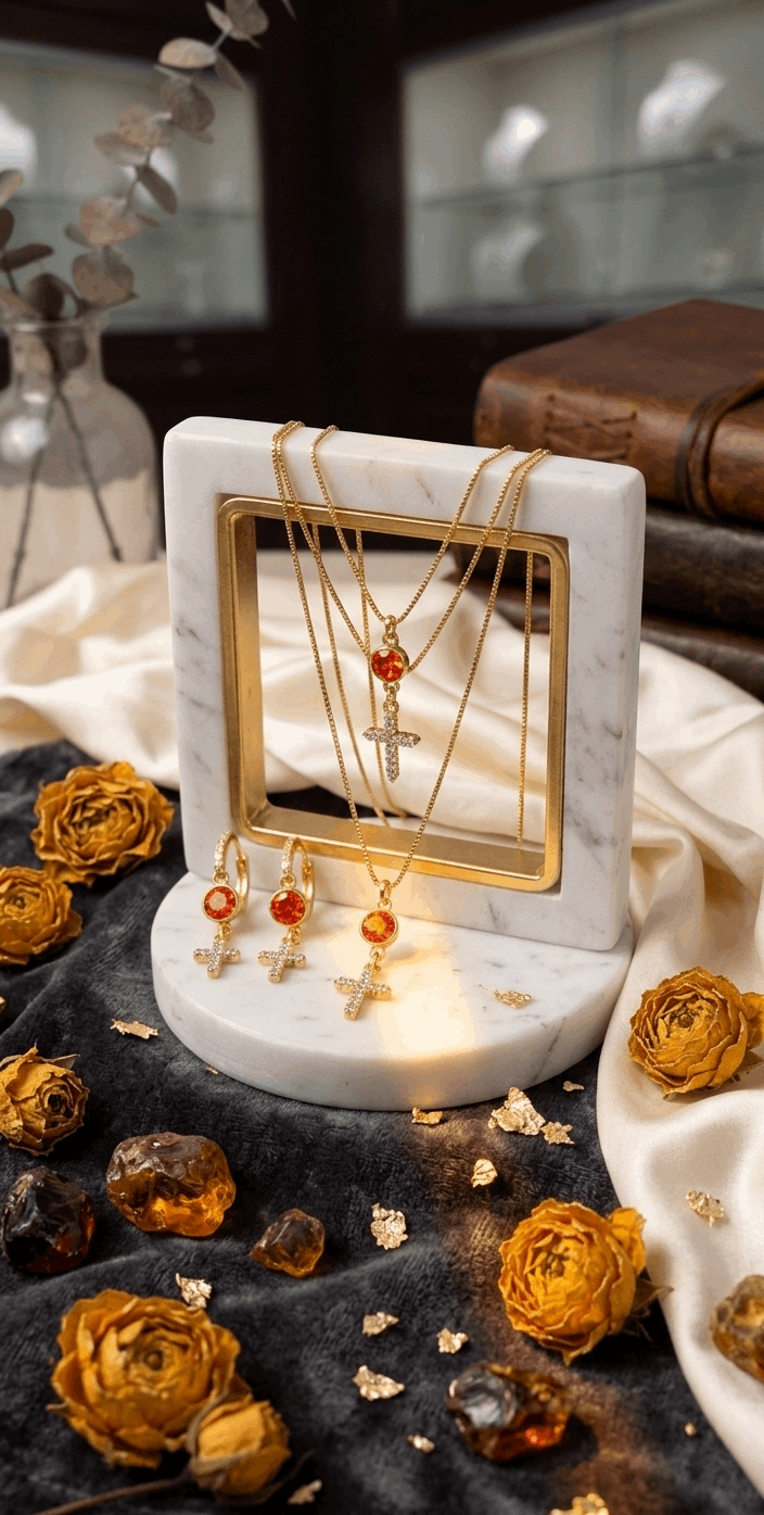 Gold-tone earrings with orange teardrop stone and white zircon accents on stand