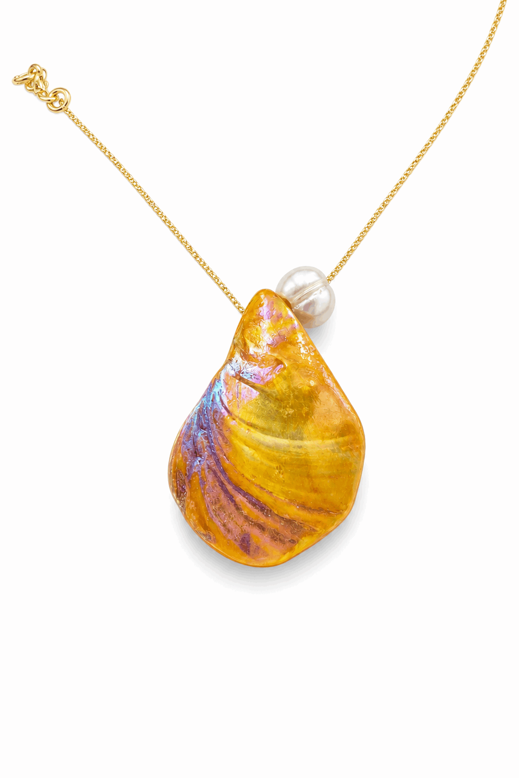 Teardrop shell pendant with freshwater pearl and gold-tone chain