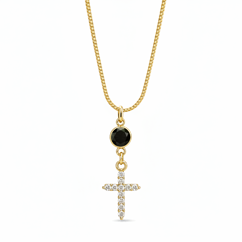 Gold zircon cross necklace with black round pendant and white crystal cross