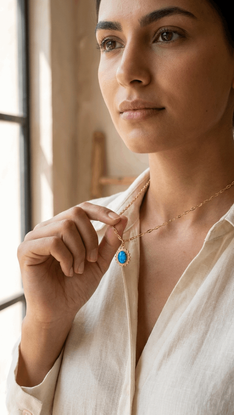 Gold chain necklace with blue opal sunburst pendant