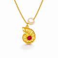 Gold pearl choker necklace with ruby-red shell pendant