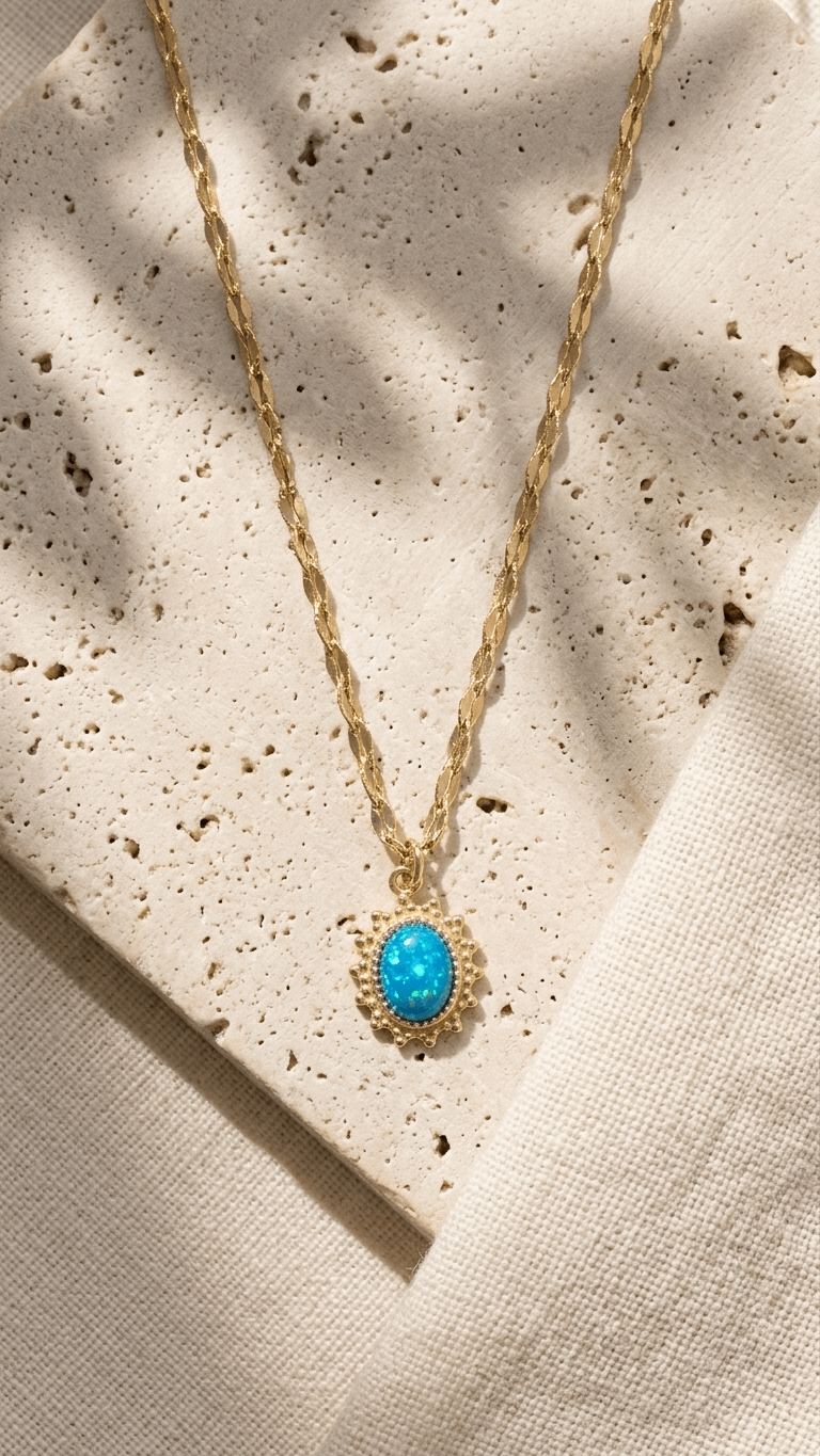 Blue opal pendant necklace with gold-tone chain and oval cabochon