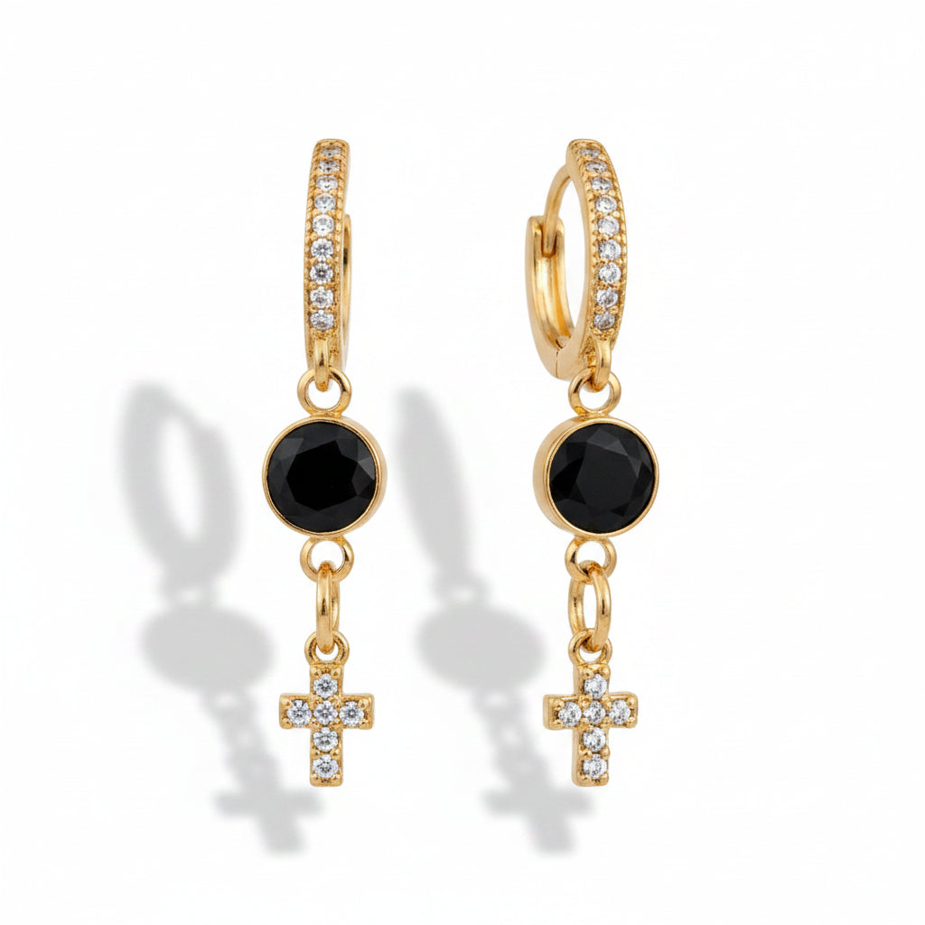 Gold-tone hoop earrings with black zircon round drops and white zircon cross charms