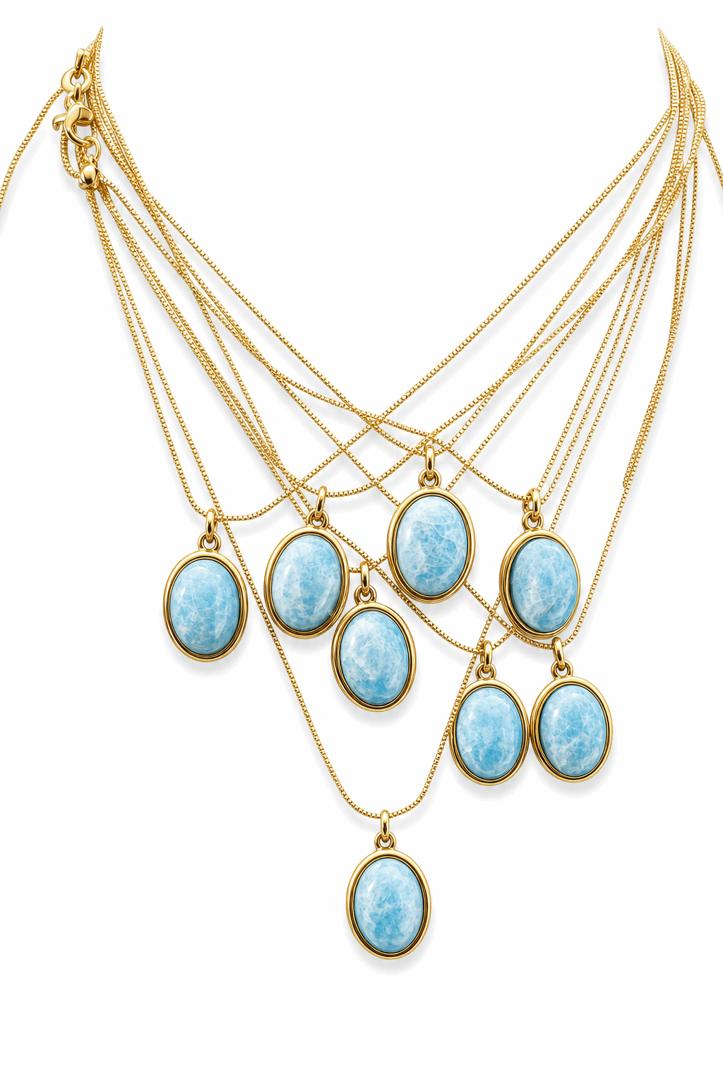Oval blue gemstone pendant necklace with gold-tone chain and several oval charms