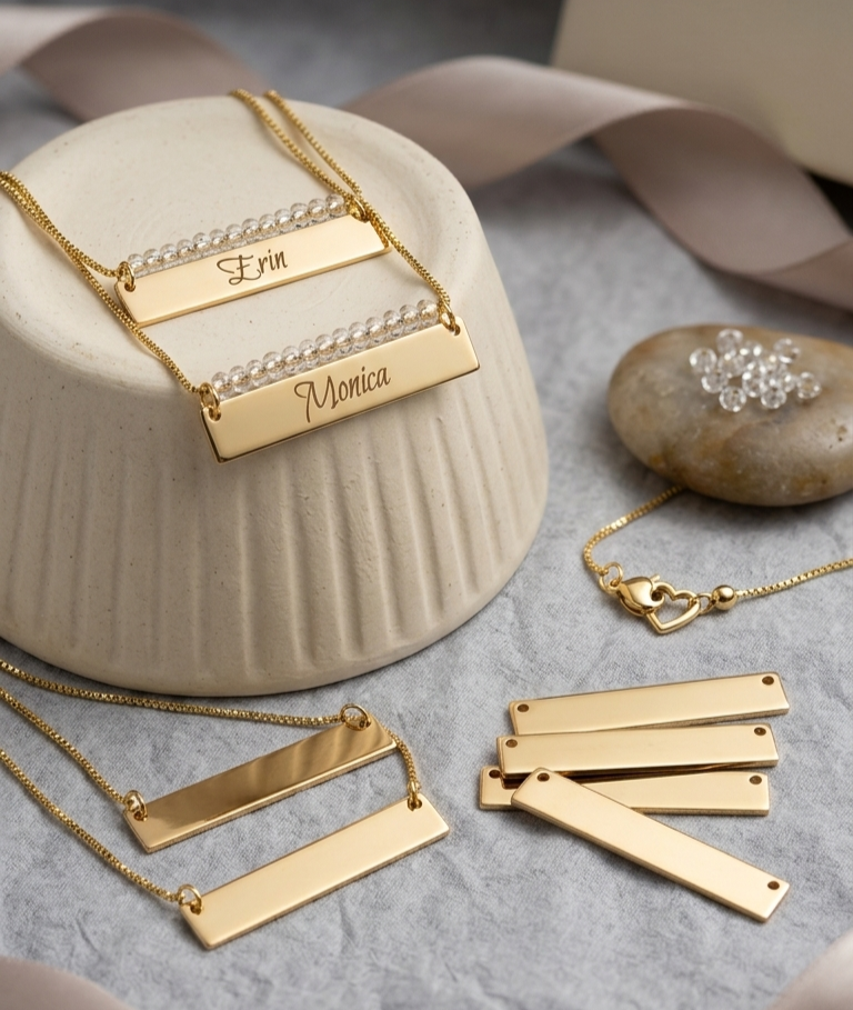 18k gold beaded nameplate bar necklaces with engraved names on rectangular bars