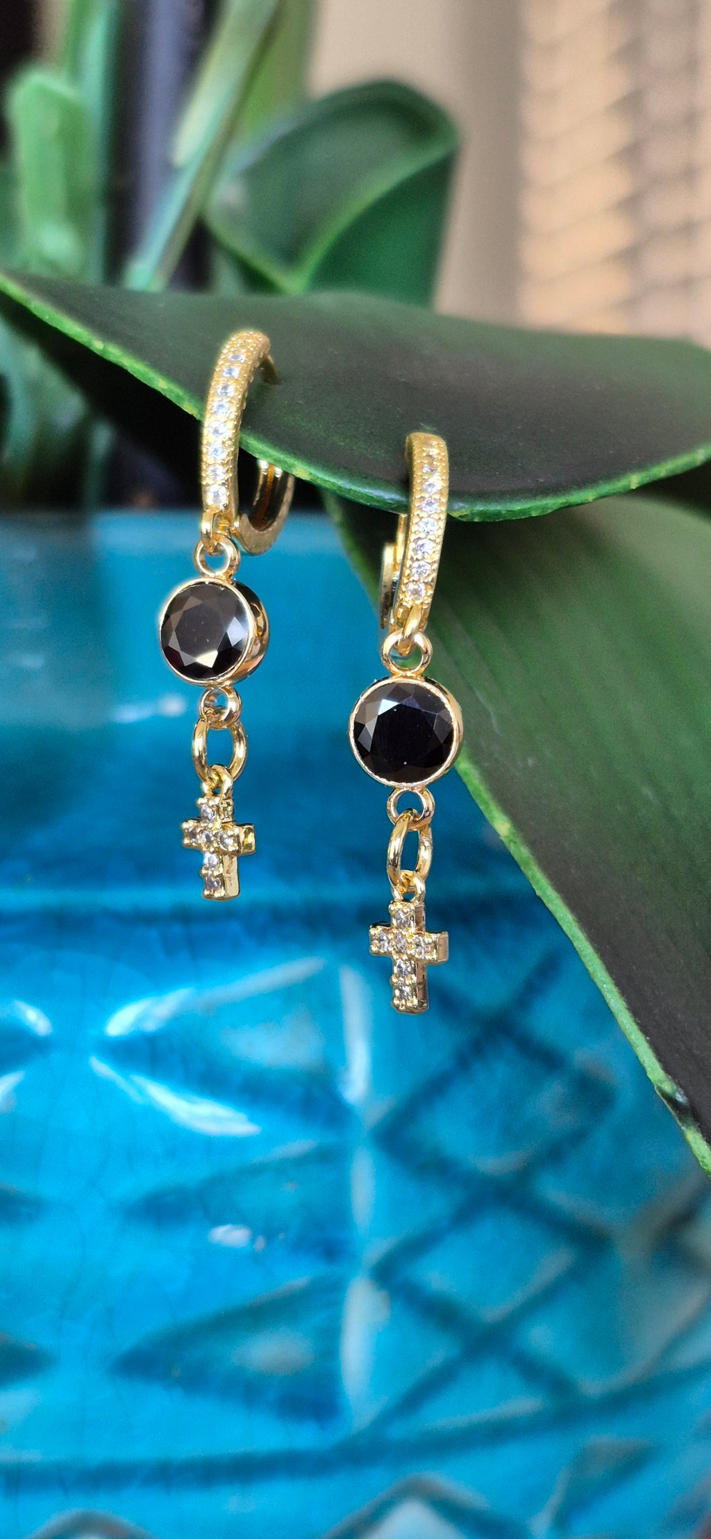 Cross French clip huggies | Black & white zircon