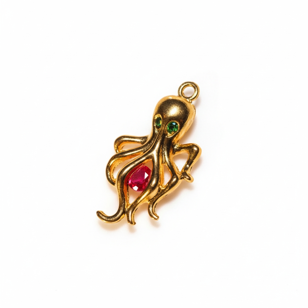 Natural Ruby Emerald Sea Animals 18k Gold Pearl Choker