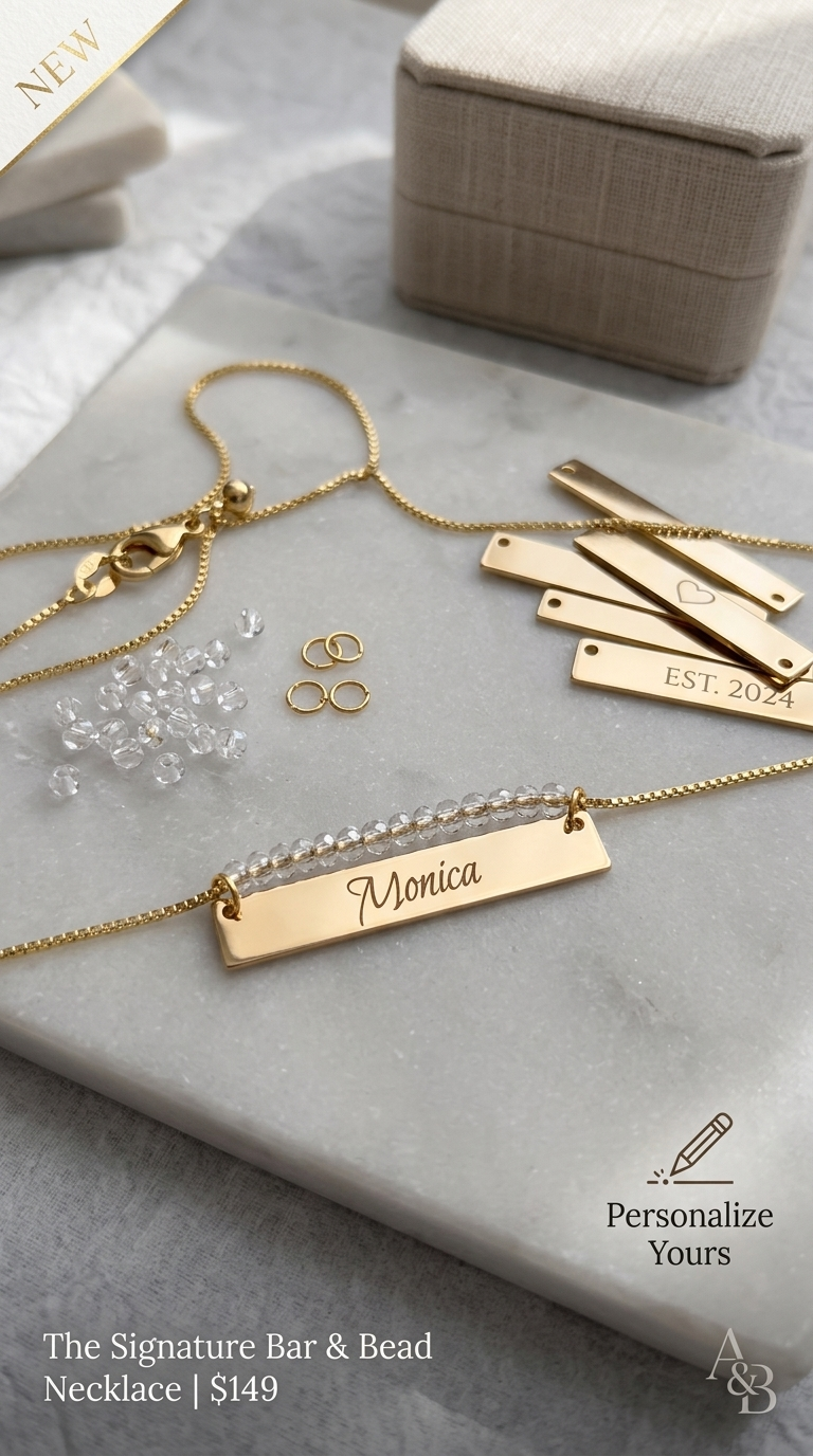 18k gold beaded bar name necklace with engraved nameplate and small link details