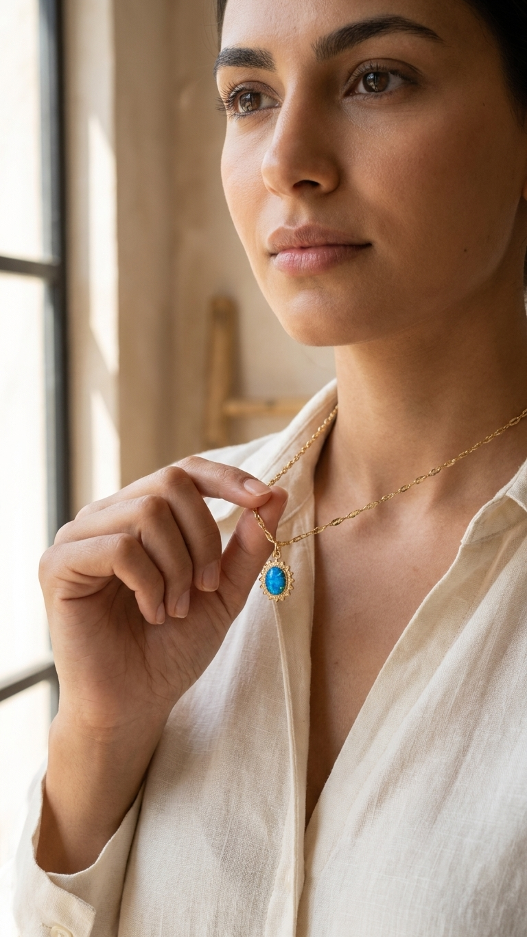 Sunburst Blue Opal Necklace | Natural 4x6mm Cabochon in 18k Gold Plated Flake Chain | Extrinsic Beauty