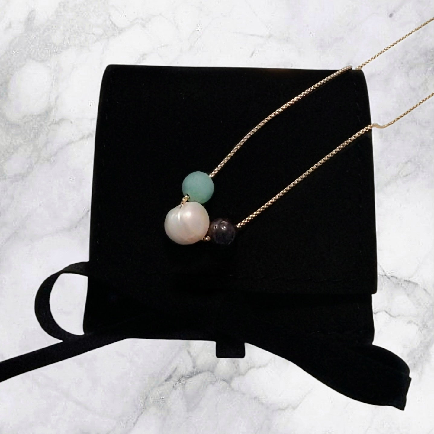 White Pearl, Amazonite, Garnet Stones 18k Gold Beaded Necklace