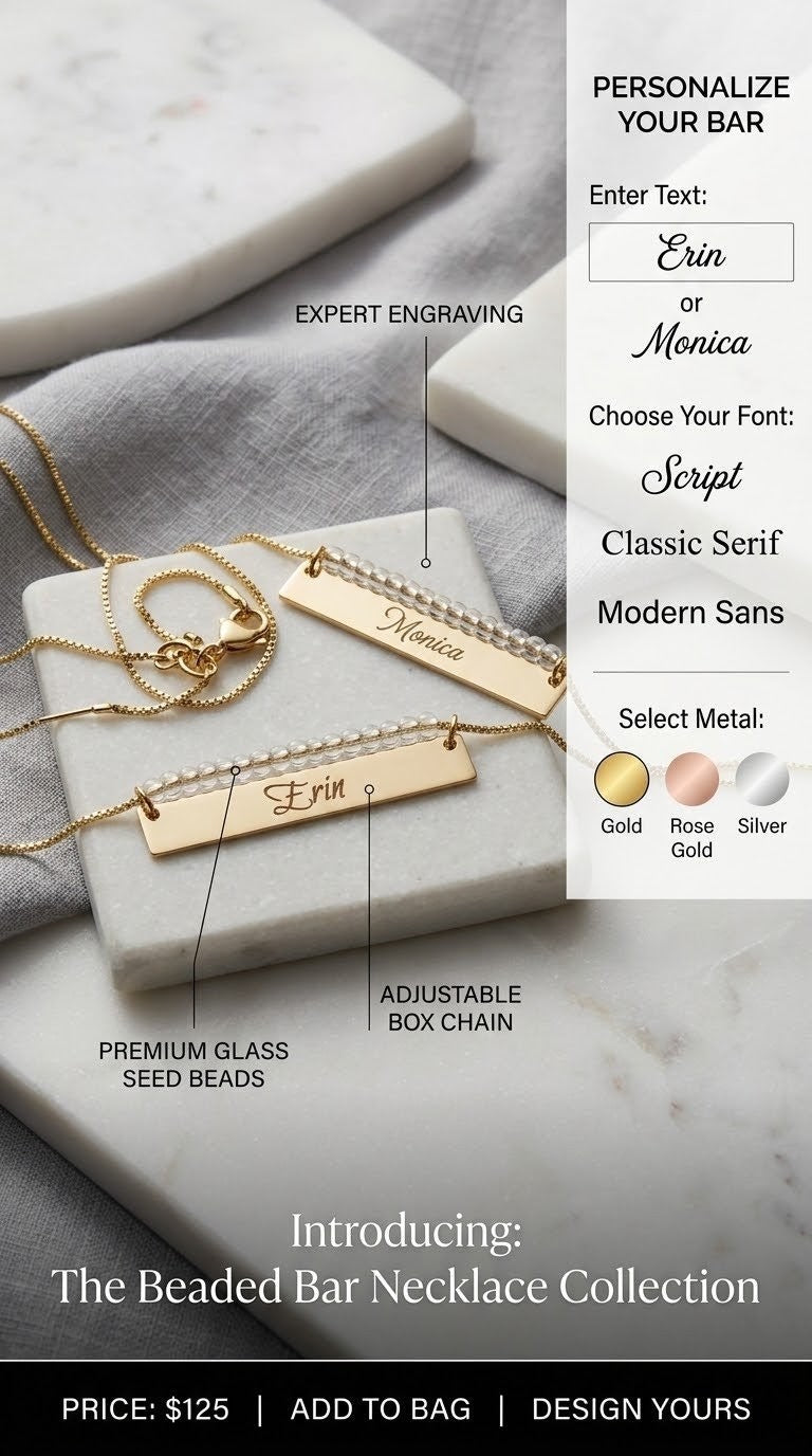 Gold beaded bar necklace with engraved name options, adjustable box chain, and bar pendant